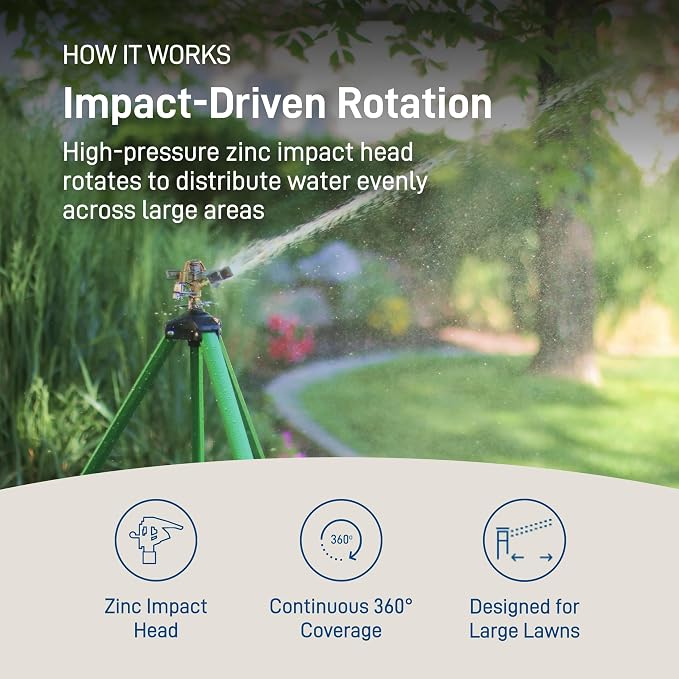 Orbit Tripod Lawn Zinc Impact Sprinkler - 360 Degree Rotating Yard Sprinkler with Adjustable Height - Heavy-Duty Zinc - High-Pressure Nozzle - for Large Lawn Coverage - 56667