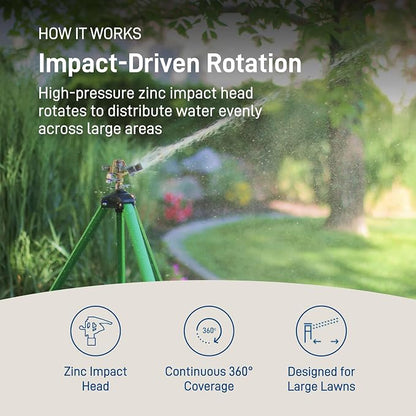 Orbit Tripod Lawn Zinc Impact Sprinkler - 360 Degree Rotating Yard Sprinkler with Adjustable Height - Heavy-Duty Zinc - High-Pressure Nozzle - for Large Lawn Coverage - 56667