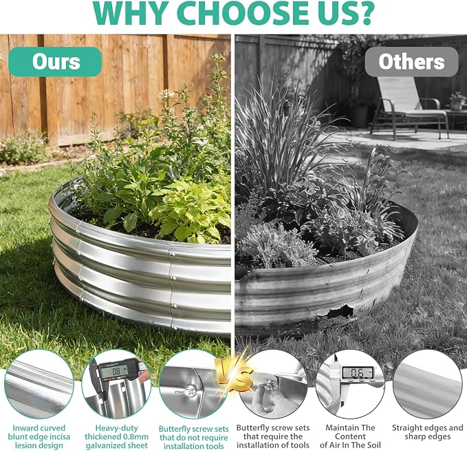 12 Inch Tall 72 Inch Diameter Round Silver Raised Garden Bed Kits Outdoor | 1 FT Tall,6 FT Planter Bed for Flowers,Herbs,Vegetables,Trees,0.8MM Thick Galvanized Metal Painted,with Gloves,Tool free