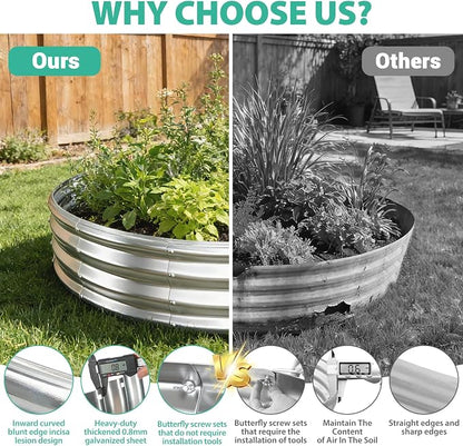 12 Inch Tall 72 Inch Diameter Round Silver Raised Garden Bed Kits Outdoor | 1 FT Tall,6 FT Planter Bed for Flowers,Herbs,Vegetables,Trees,0.8MM Thick Galvanized Metal Painted,with Gloves,Tool free