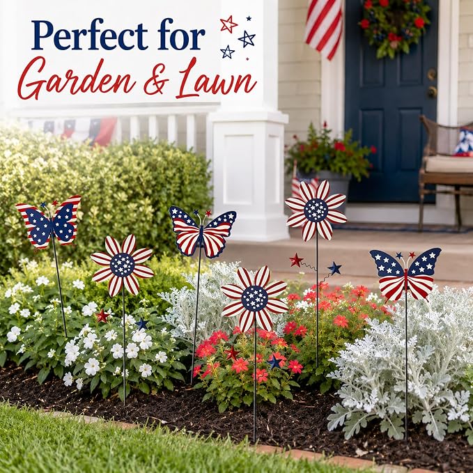 6Pack 4th of July Decorations Outdoor, 18.6Inch Patriotic Metal Flowers Butterfly Decorative Garden Stakes for Independence Day, Americana Patriotic Yard Signs Decor for Garden Lawn Porch