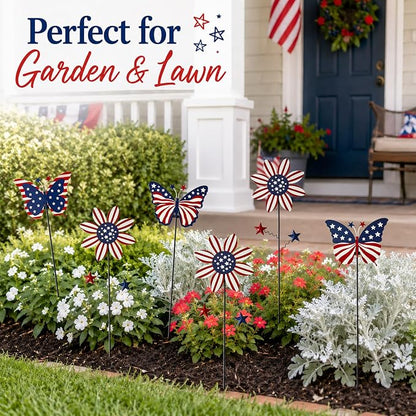 6Pack 4th of July Decorations Outdoor, 18.6Inch Patriotic Metal Flowers Butterfly Decorative Garden Stakes for Independence Day, Americana Patriotic Yard Signs Decor for Garden Lawn Porch