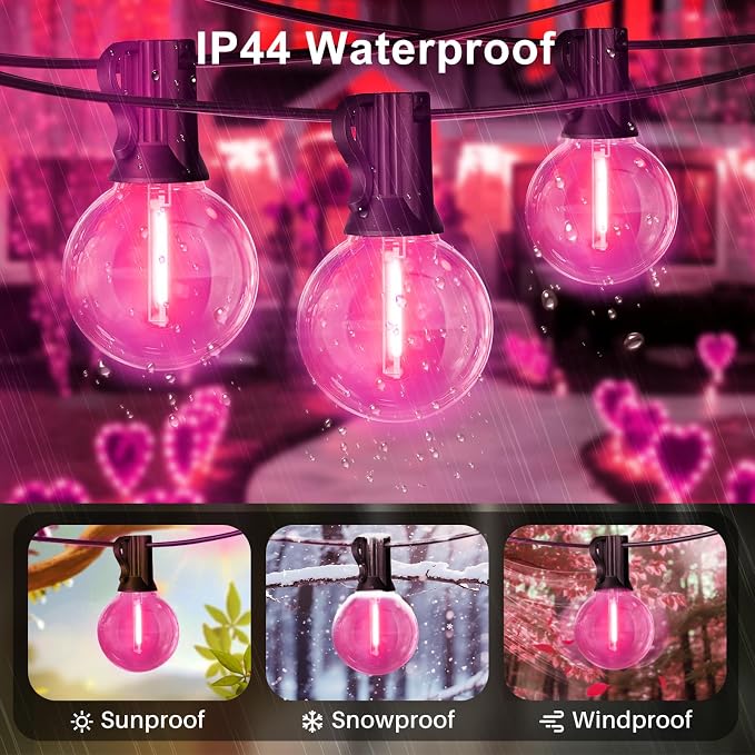LAMPHOME LED Outdoor String Light, 26Feet Patio Lights with 12+1Edison Shatterproof Bulbs(1Spare), UL Waterproof Outside Lights connectable Dimmable for Backyard Porch Decor,Pink