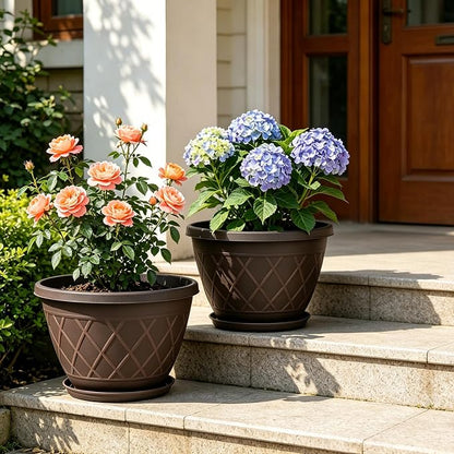 6 Pack 8 Inch Plant Pots, Planters with Drainage Holes & Saucers, Modern Imitation Diamond Pattern Design Plastic Flower Pots for Indoor & Outdoor Plants, Succulents, Flowers, and Herbs (Brown)