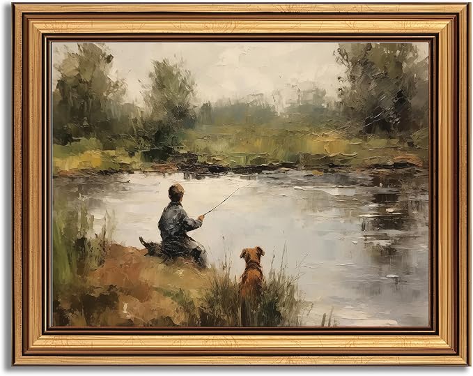 Devunaty Gold Framed Vintage Wall Art Boy Fishing Wall Decor Paintings Funny Dog and Boy Landscape Canvas Print Picture Retro Country Farmhouse Artwork for Kids Bedroom Living Room Decor 16"x24"