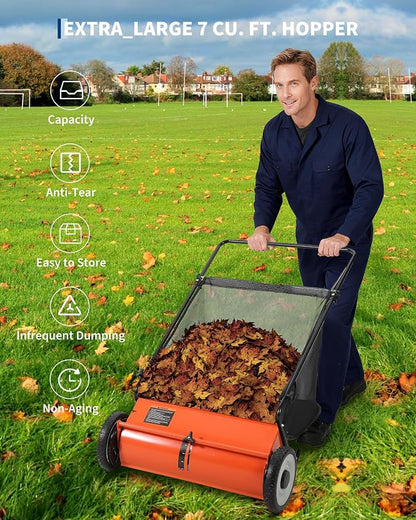 GarveeLife 26 Inch Push Lawn Sweeper with 4 Spinning Brushes, 7 Cu.ft Large Capacity Leaf Collector, Adjustable Height Grass Sweeper, All Terrain Lawn Leaf Debris Removal Tool for Yard Garden Patio