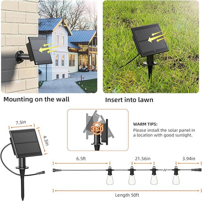 Kawaya Solar Powered String Lights: 50 FT LED Outdoor Patio Hanging Lights with 25+2 Edison Bulbs - USB-Charging - IP65 Waterproof Shatterproof Edison Bulbs for Bistro Cafe Camp Yard Balcony
