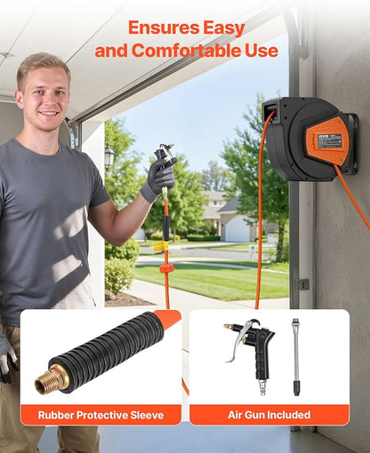 VEVOR Retractable Air Hose Reel, 1/4 Inch x 50 FT Hybrid Air Hose Max 300PSI, Enclosed Air-Compressor Hoses Reel Auto Rewind with 6.6 ft Lead in & Blow Gun, 180° Swivel Ceiling/Wall Mount