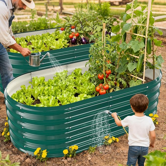 17" Tall Oval-Shaped / Elliptic Metal Raised Garden Bed Outdoor Dark Green | 48X24X17 Inch,1.5 FT Tall,0.8MM Thick Galvanized Metal Painted,for Variety of Flowers,Herbs,Vegetables.with Gloves,Tool free