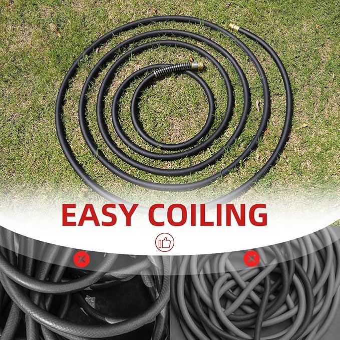 Wiseflow Garden Hose 25FT x 5/8", Heavy Duty Rubber Hose, Water Hose with Five Layered Braiding, Male Female Fittings, 1000PSI Burst, 300PSI Working for Yard, Car Wash, Pets (Black)