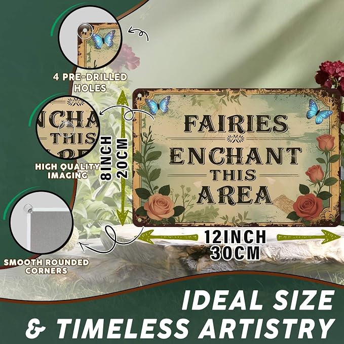 PEACHGARDEN Fairy Whimsical Metal Tin Sign Enchanted Fairy Vintage Wall Art Decor for Garden Patio Yard Plant Room Greenhouse She Shed 8x12 inch