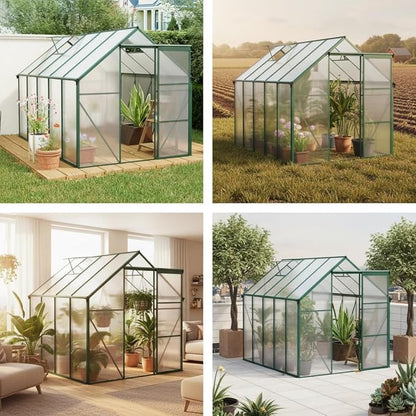 6x10 FT Greenhouse, Walk-in Polycarbonate Greenhouses with Sliding Doors, Aluminum Frame, Adjustable Roof Vent, Raised Base & Anchor, Outdoor Backyard Greenhouse for All Seasons, Green