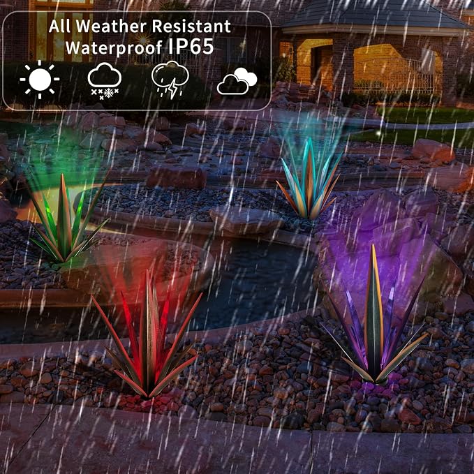 KODIBO Large Tequila Rustic Sculpture, Rustic Metal Agave Plants for Outdoor Patio Yard, Home Decor Hand Painted Metal Agave Garden Yard Statue, Outdoor Lawn Ornaments (Red - L (W/Solar Light))