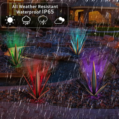 KODIBO Large Tequila Rustic Sculpture, Rustic Metal Agave Plants for Outdoor Patio Yard, Home Decor Hand Painted Metal Agave Garden Yard Statue, Outdoor Lawn Ornaments (Red - L (W/Solar Light))