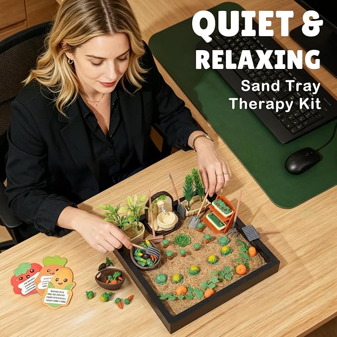 Dreamon Zen Garden for Desk, Mini Veggie Zen Sand Garden for Sandbox with Vegetable, Plants and Gardening Tools, Sand Tray Therapy Kit with 56 Accessories, Fidget Stress Relief Toys Novelty Gift Idea