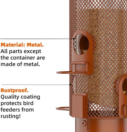 Metal Squirrel Proof Bird Feeder,Bird Feeders for Outdoors,Weight Activated Squirrel Proof Wild Bird Feeders with Finch Cardinal Chickadee,Large Capacity,Weatherproof and Durable,Reddish Brown
