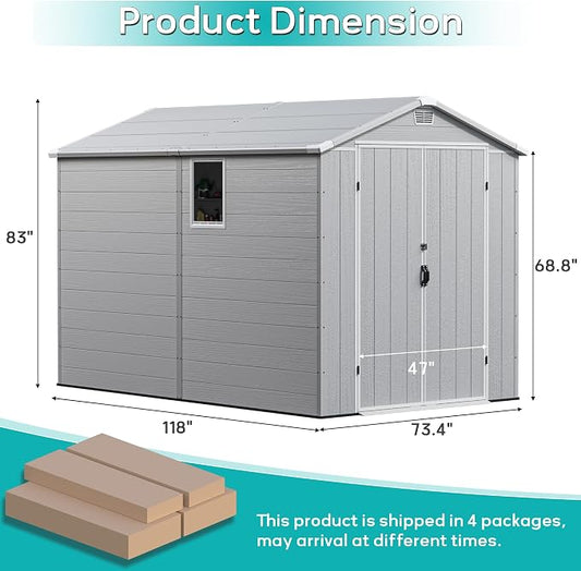 Greesum 6x10FT Plastic Outdoor Storage Shed with Floor, Resin Storaged Sheds with Lockable Double Door, Windows & Vents, All-Weather Tool Sheds for Patio, Garden, Backyard, Light Gray