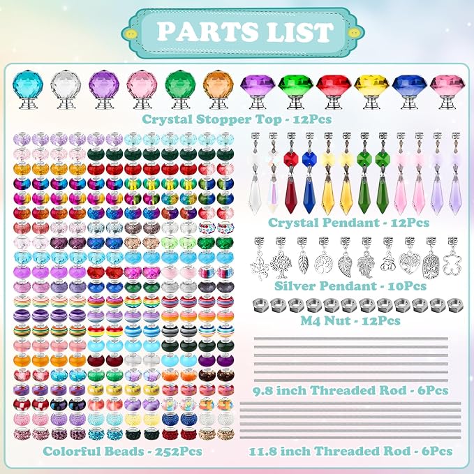 UFU 310Pcs DIY Fairy Wand Beaded Garden Stakes Kit, Decorative Garden Stakes with Colorful Crystal Pendants, Outdoor Fairy Garden Accessories, Beadable Items for Decor, Gifts & Craft (10 & 12 in)