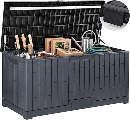 YITAHOME Large Deck Box 120 Gallon Resin Outdoor Storage Box | Patio Storage Bin Bench Seat for Outdoor Pillows, Garden Tools and Pool Supplies, Waterproof Lockable, Dark Gray