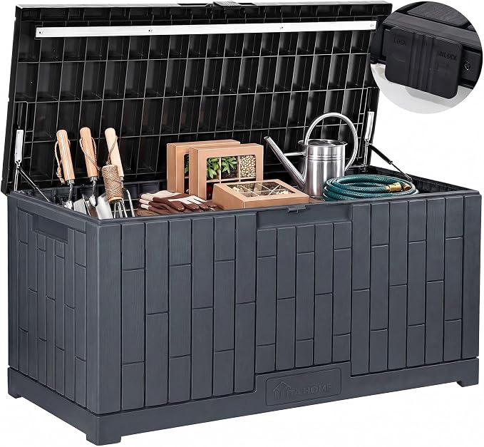 YITAHOME 120 Gallon Large Deck Box | 53"L x 22.7"W x 25.5"H Resin Outdoor Storage Box with Slide-Locking Black Lid for Patio Cushions, Garden Tools, Pool