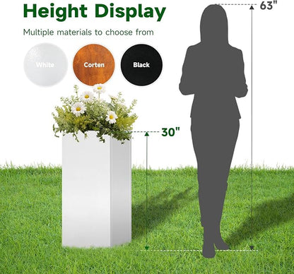 Metal Heavy Planter for Outdoor Plants Box 14"x14"x30" Metal Planter Spliced Planter Box with Removable Insert Sherf for Outside,Indoor,Garden (White, 14 * 14 * 30)