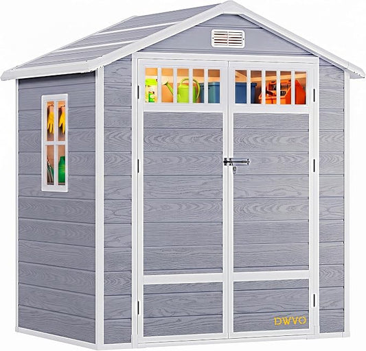 DWVO 6x4.4 FT Outdoor Storage Shed with Fence-Style and Side Windows, Lockable Door and Vents, Resin Storage Shed, Tool Shed for Garden Backyard Patio Lawn