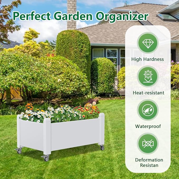 PatioZen Raised Garden Bed, 14 Gallon Self-Watering Raised Planter Box with Drainage Plug & Gauge and Wheels for Vegetables Flowers Herbs Succulents, Resin for Backyard Patio Porch
