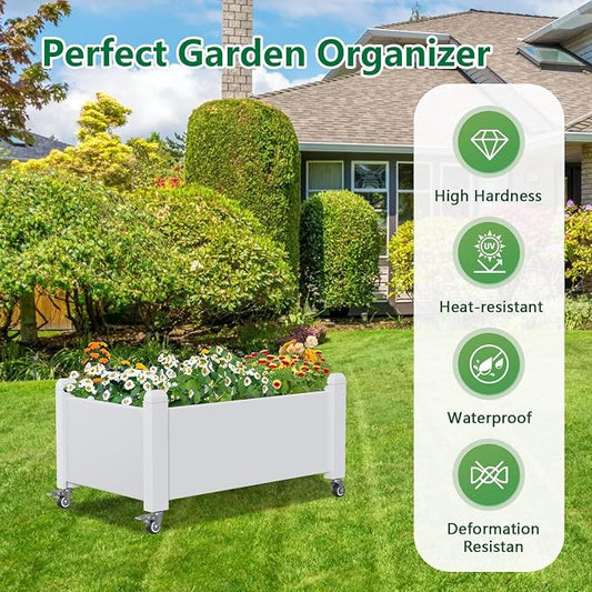 PatioZen Raised Garden Bed, 14 Gallon Self-Watering Raised Planter Box with Drainage Plug & Gauge and Wheels for Vegetables Flowers Herbs Succulents, Resin for Backyard Patio Porch