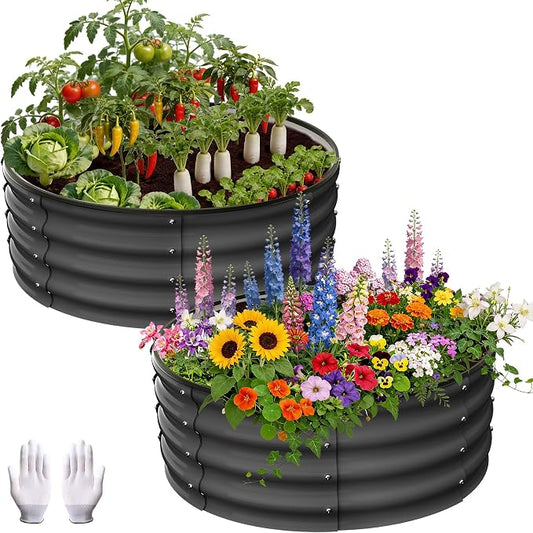 Garvee Galvanized Raised Garden Bed, 2Pcs Raised Garden Beds Outdoor, Round Planter Raised Beds with Gloves and Rubber Edge Trim for Vegetables, Flowers and Herbs, 3x3x1 FT, Dark Grey