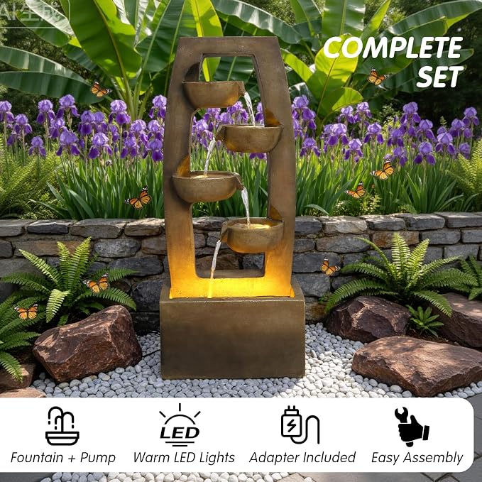 37.6" Outdoor Water Fountain, 4 Tier Bowl Cascading Freestanding Water Fountain, Modern Garden Water Feature with LED Lights, Suitable for Patio Yard Porch Landscape, Brown