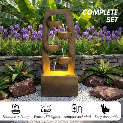 37.6" Outdoor Water Fountain, 4 Tier Bowl Cascading Freestanding Water Fountain, Modern Garden Water Feature with LED Lights, Suitable for Patio Yard Porch Landscape, Brown