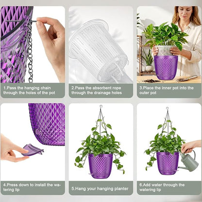 QCQHDU Hanging Planters for Indoor Plants, 2-Pack, 5.7 Inch, Purple | Plastic, Self Watering Plant Hanger, with Drainage Holes, 3 Hooks Chains, For Garden Home