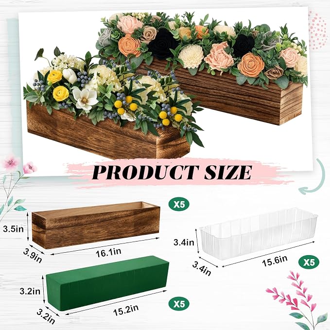 Dandat 5 Set Wood Boxes for Centerpieces 16x4 Inch Rectangle Wooden Planter Box Rustic Wood Planter with Removable Plastic Liner Floral Foam Blocks for Centerpieces Home Wedding Garden Decor
