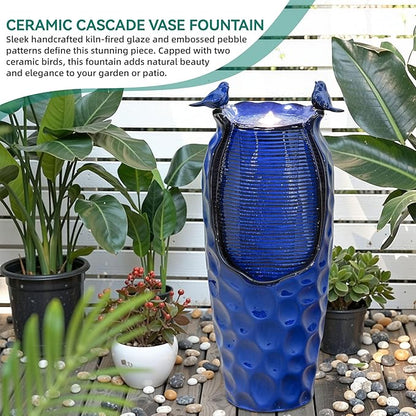 Autodaya 33" Vase Ceramic Outdoor Water Fountain with Lights and Birds | cobalt blue glazed water feature with textured design, ambient soothing cascading water flow for garden patio yard sanctuary