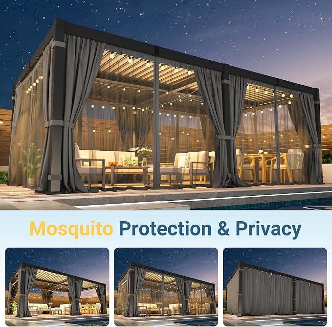 12' x 20' Louvered Pergola, Aluminum Frame Outdoor Pergola with Adjustable Louvered Roof, Curtains & Netting, Gutter System, Outdoor Hardtop Patio Gazebo for Patio, Deck, Garden, Yard, Dark Gray
