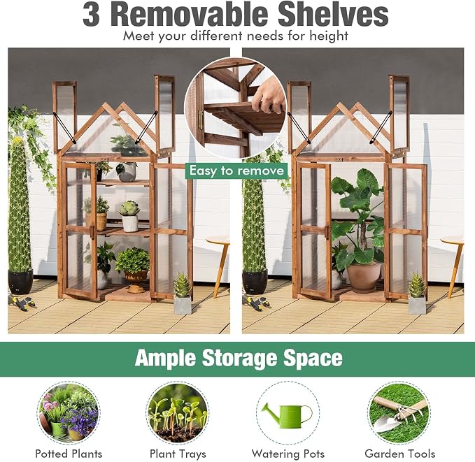 GRAFFY Wooden Cold Frame Greenhouse, Portable Raised Flower Planter Shelf with 3 Removable shelves and Transparent Flip-Top Roof, Mini Greenhouse Cabinet for Outdoor Indoor Use(27" L x 16" W x 58" H )