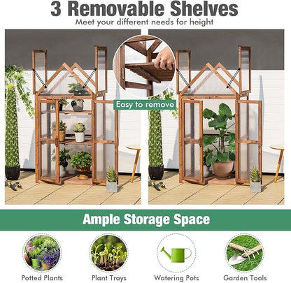 GRAFFY Wooden Cold Frame Greenhouse, Portable Raised Flower Planter Shelf with 3 Removable shelves and Transparent Flip-Top Roof, Mini Greenhouse Cabinet for Outdoor Indoor Use(27" L x 16" W x 58" H )