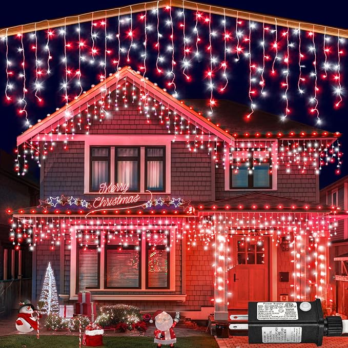 66ft Icicle Lights for Outside, Red and White Christmas Lights Outdoor Indoor, 640 LED Twinkle String Light with 120 Drops Short Curtain Light for Thanksgiving Room Home Wall Bedroom Window Decoration