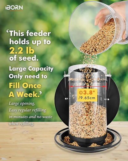 iBorn Metal Bird Feeders for Outdoors Hanging,Wild Bird Feeders for Cardinal,18cm Large Roof&Tray Black 6 Port (Seed is not Included)