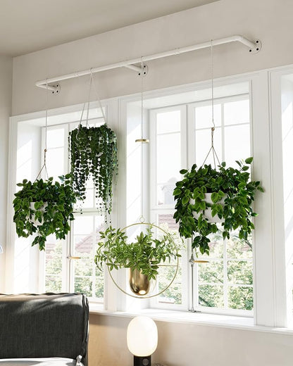 SOFITORG 65.7" Metal Plant Hanging Rod with 6 Chains, Pots Not Included | Wall Plant Hanging Bar, Durable Hanging planter holder for Window Ceiling, Easy Assembly, All Hardware Included, White