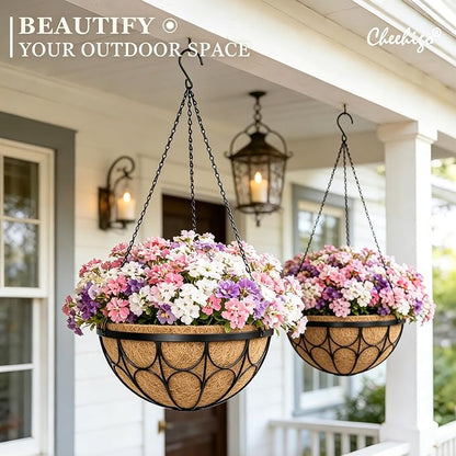 4 Pack 14 Inch Hanging Planters for Outdoor Plants，Large Wire Flower Hanging Basket with Coco Liners for Balconies, Patios, Porch, Terraces Decor