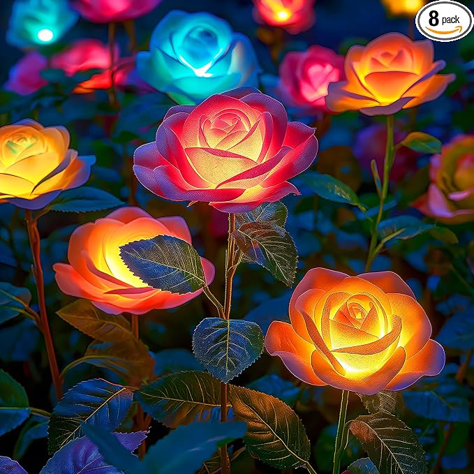 WdtPro Solar Lights Outdoor, 8 Pack Solar Garden Light with 40 Rose Flowers, 7 Color Changing Solar Powered Flowers Lights Waterproof for Outside Patio Yard Pathway Decor