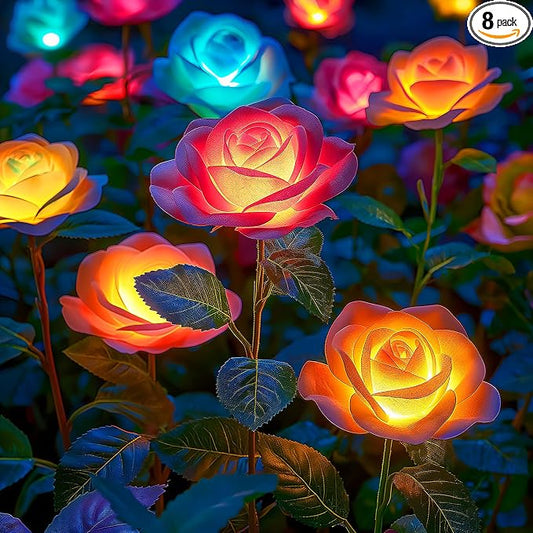 WdtPro Solar Lights Outdoor, 8 Pack Solar Garden Light with 40 Rose Flowers, 7 Color Changing Solar Powered Flowers Lights Waterproof for Outside Patio Yard Pathway Decor