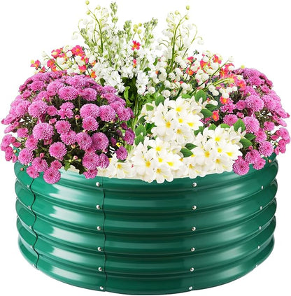 TBMLC 17" Tall Elevated Round Metal Rised Garden Bed- 3.3'x3.3' in Size and 0.8MM Thick Durable Planter Box for Vegetables Flowers Succulent at Patio/Garden Outdoor (Dark Green, 3.3FT Diameter)