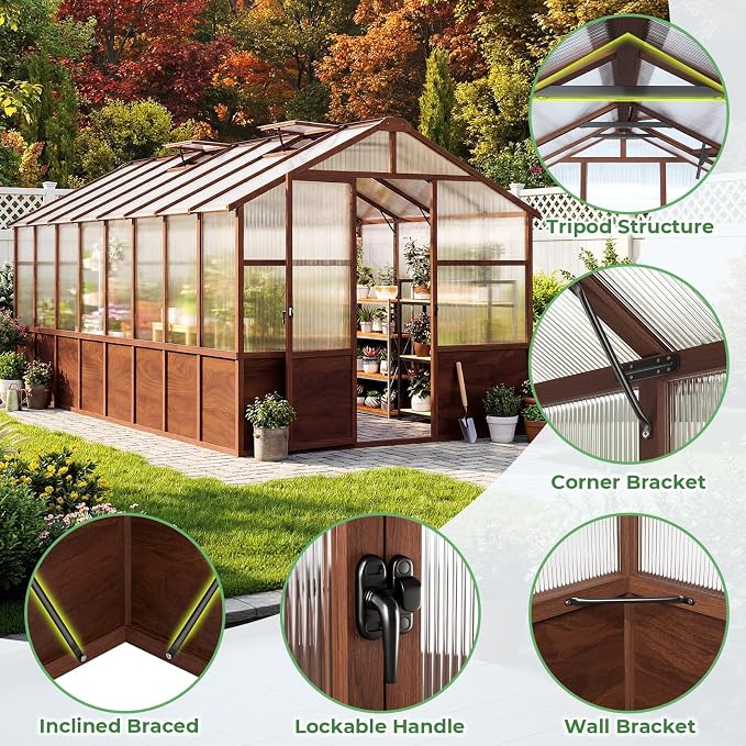 Jocoevol 8x16ft Outdoor Greenhouse, Wooden Frame Polycarbonate Greenhouse with Adjustable Roof Vents and Lockable Door Handle, Walk-in Greenhouse Perfect for Backyard and Garden