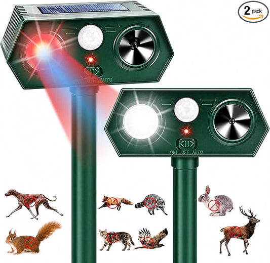 Solar Ultrasonic Animal Repeller with Red&Blue Light for Gardens, Farms and Courtyards, Outdoor Sonic Fortress Pro Deterrent for Deer, Raccoons, Squirrels, Cats, Rabbits, Skunks, Foxes & More(2Pack)