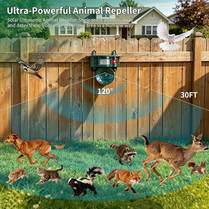 Ultrasonic Bird Repellent Devices Outdoor, Squirrel & Pigeon & Woodpecker Repellent, Solar Powered, IP 65 Waterproof, Motion Sensor, Bird Deterrents for Outside for Patio Farm Yard Orchard, 1 Pack