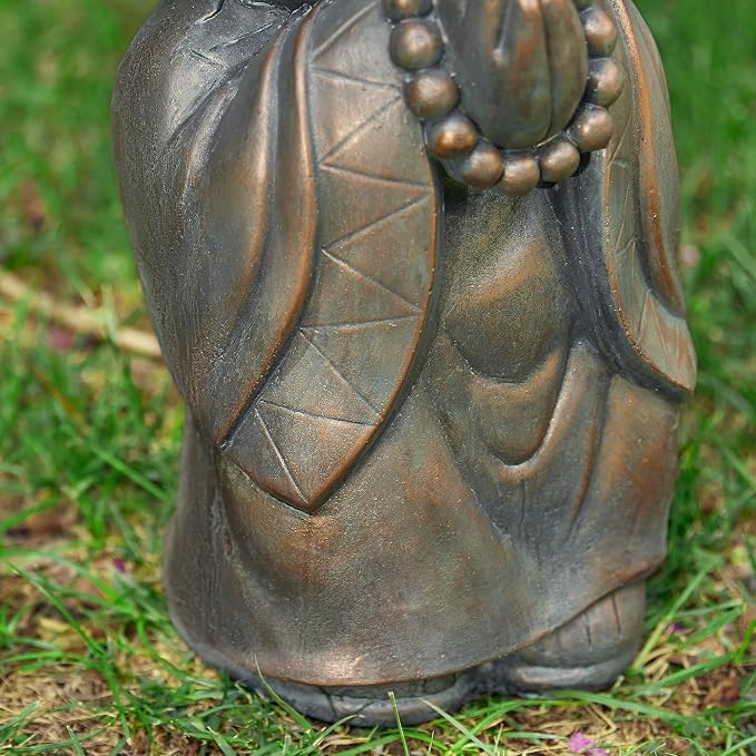 Glitzhome MGO Faux Bronze Little Buddha Monk Garden Staue Indoor and Outdoor Sculpture Decoration, 16.5" H