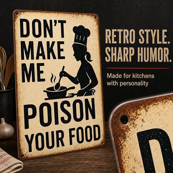 Funny Kitchen Sign – “Don’t Make Me Poison Your Food” Vintage Metal Tin Sign for Home, Chef, or Restaurant Wall Decor – Chef Gift for Men Women Cook Lovers Definition Quotes(kitchen-001)