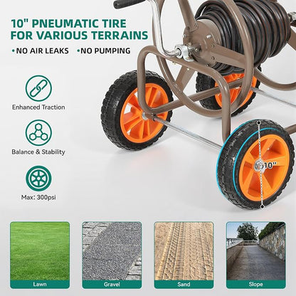 2026 Upgraded Hose Reel Cart with 10" NO-FLAT TIRES, Heavy Duty Industrial Tangle-Free Garden Water Hose Reel with Storage Basket, Holds 250 ft of 5/8" Hose, Heavy-Duty Steel Frame for Lawn Yard